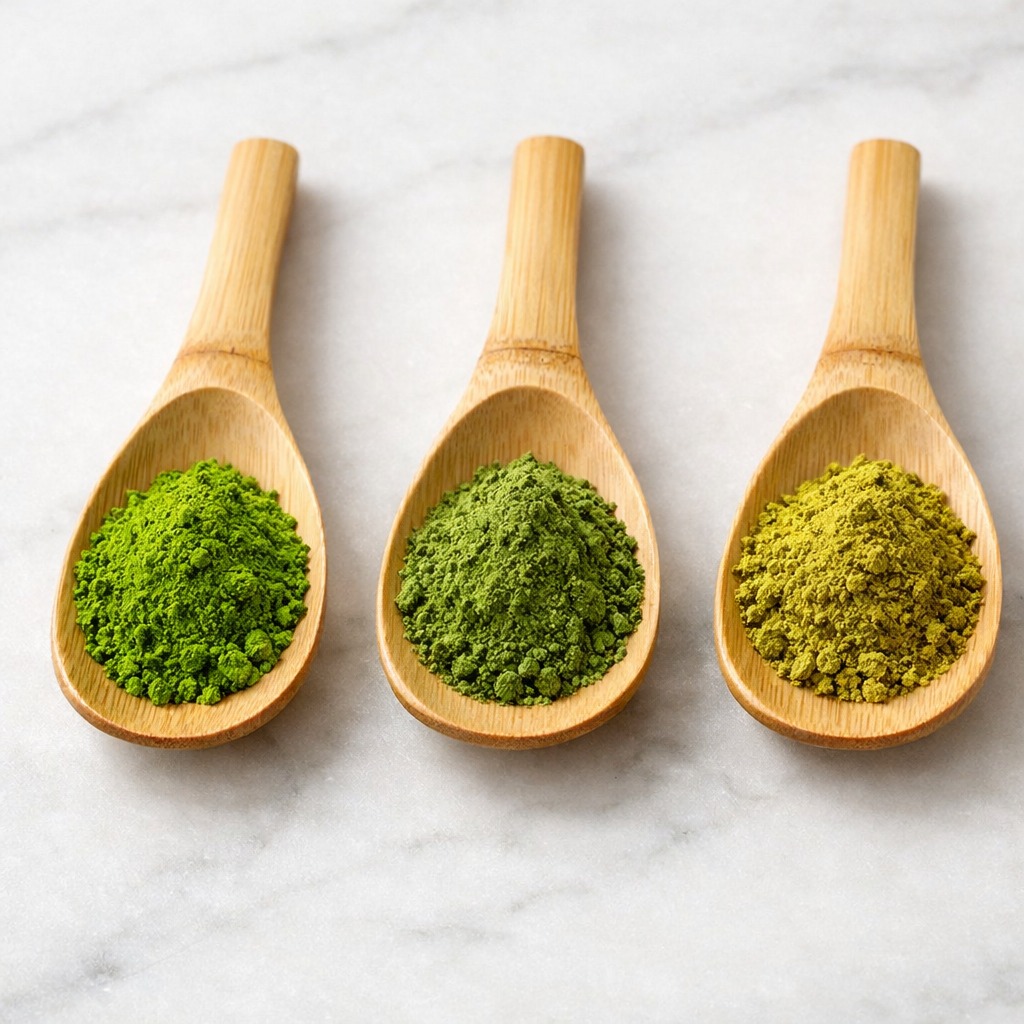 Drei kleine Bambuslöffel in einer Reihe auf einer weißen Marmorfläche, jeder mit einer anderen Matcha-Stufe