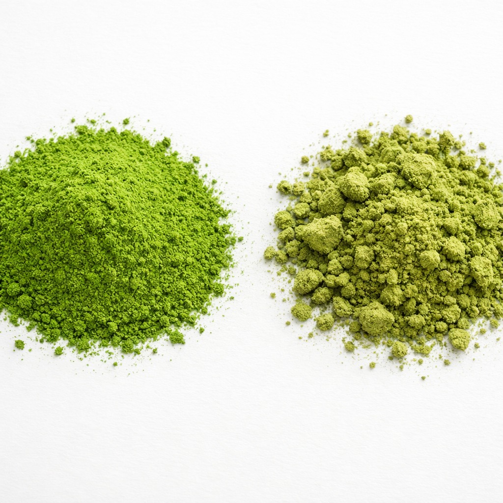 Zwei kleine Häufchen Matcha-Pulver auf einer weißen Fläche zum Vergleich