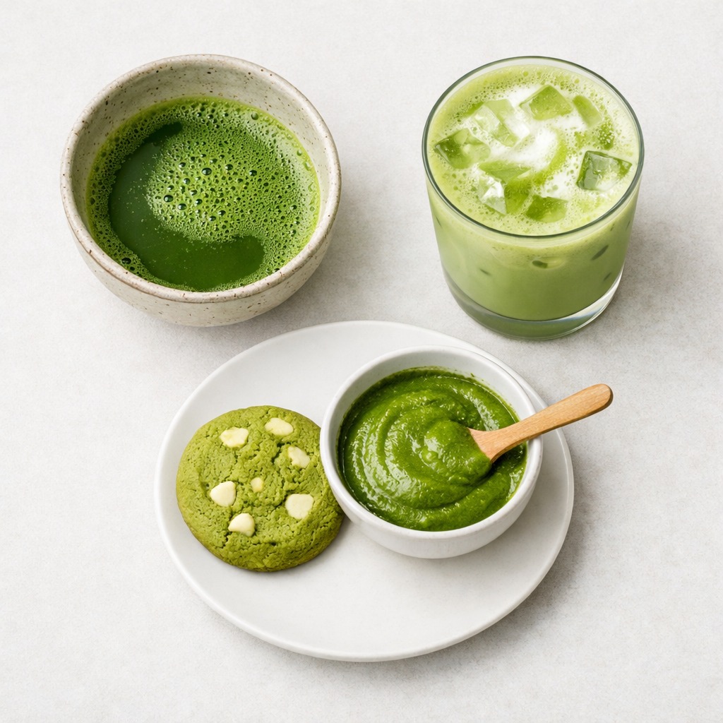 Drei Matcha-Zubereitungen im Dreieck auf heller Fläche angeordnet: eine kleine Keramikschale mit pur aufgeschlagenem Matcha