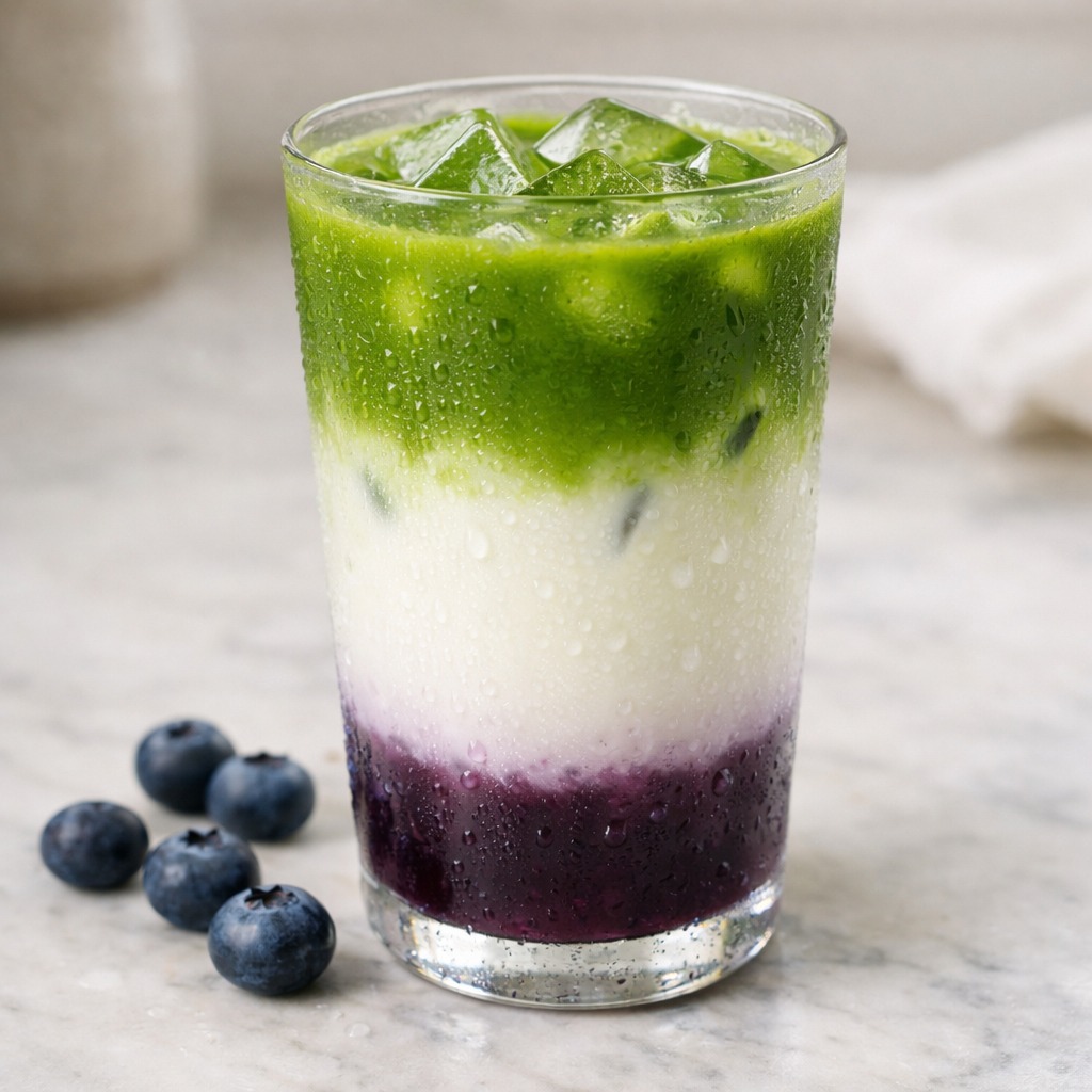 Layered blueberry matcha drink with purple, white, and green gradient in a tall glass
