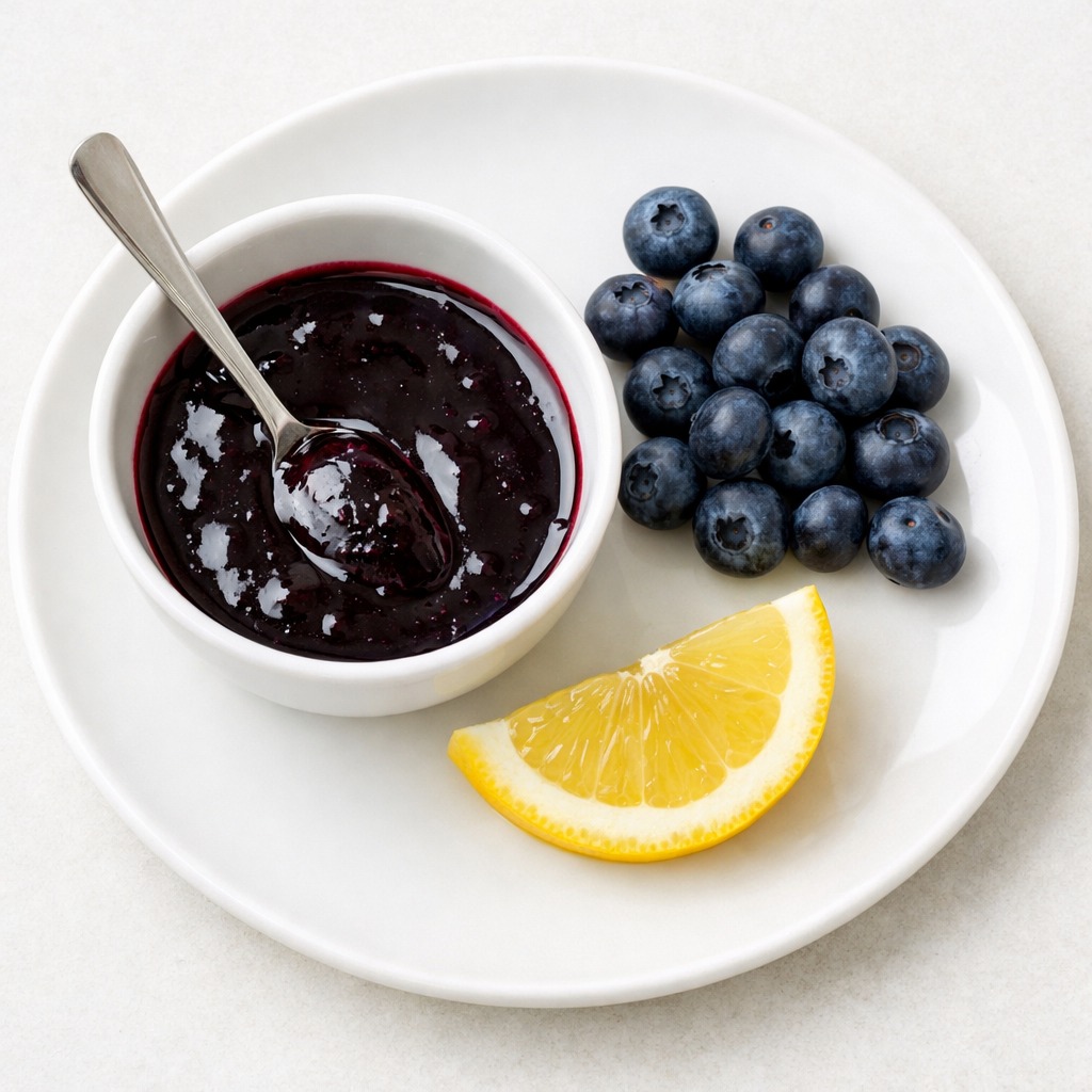 Small bowl of glossy homemade blueberry syrup next to fresh blueberries and a lemon wedge