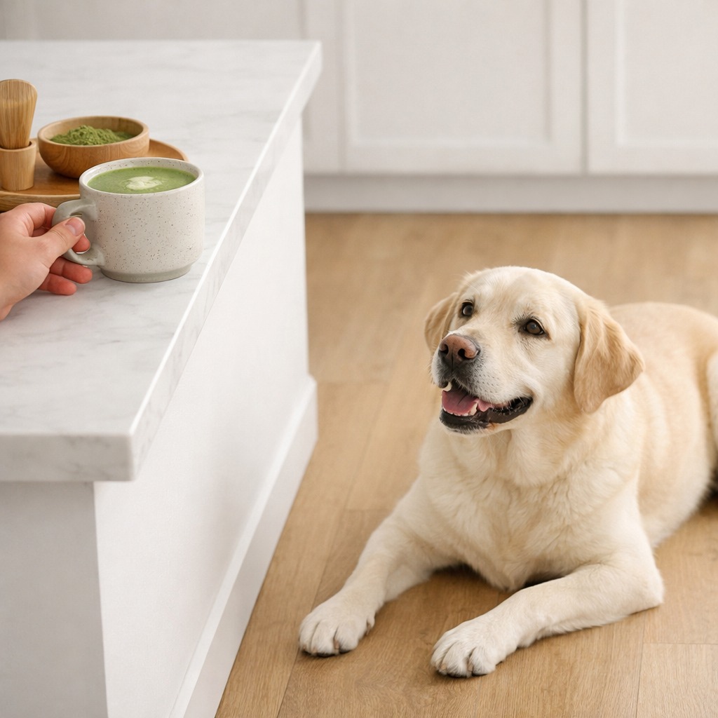 A friendly dog lying on a kitchen floor, while a person's hand reaches for a cup of matcha on the counter above