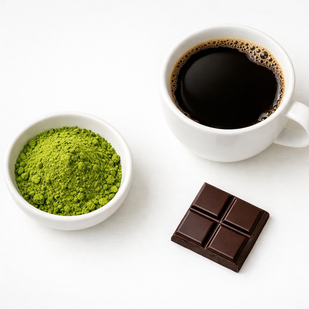 A clean arrangement on a white surface: a small bowl of matcha, a cup of coffee, and a small square of dark chocolate