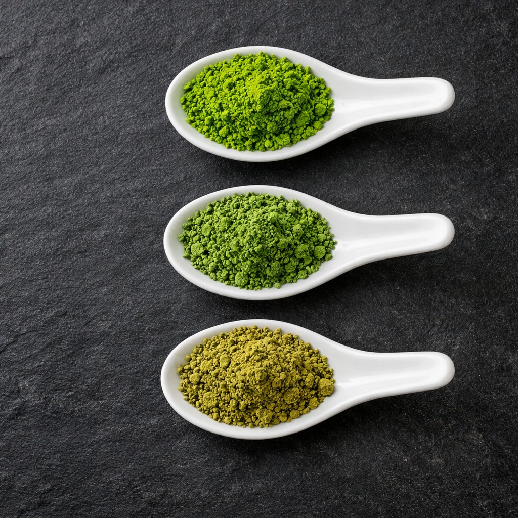 Three white ceramic spoons holding ceremonial, premium, and culinary grade matcha powder