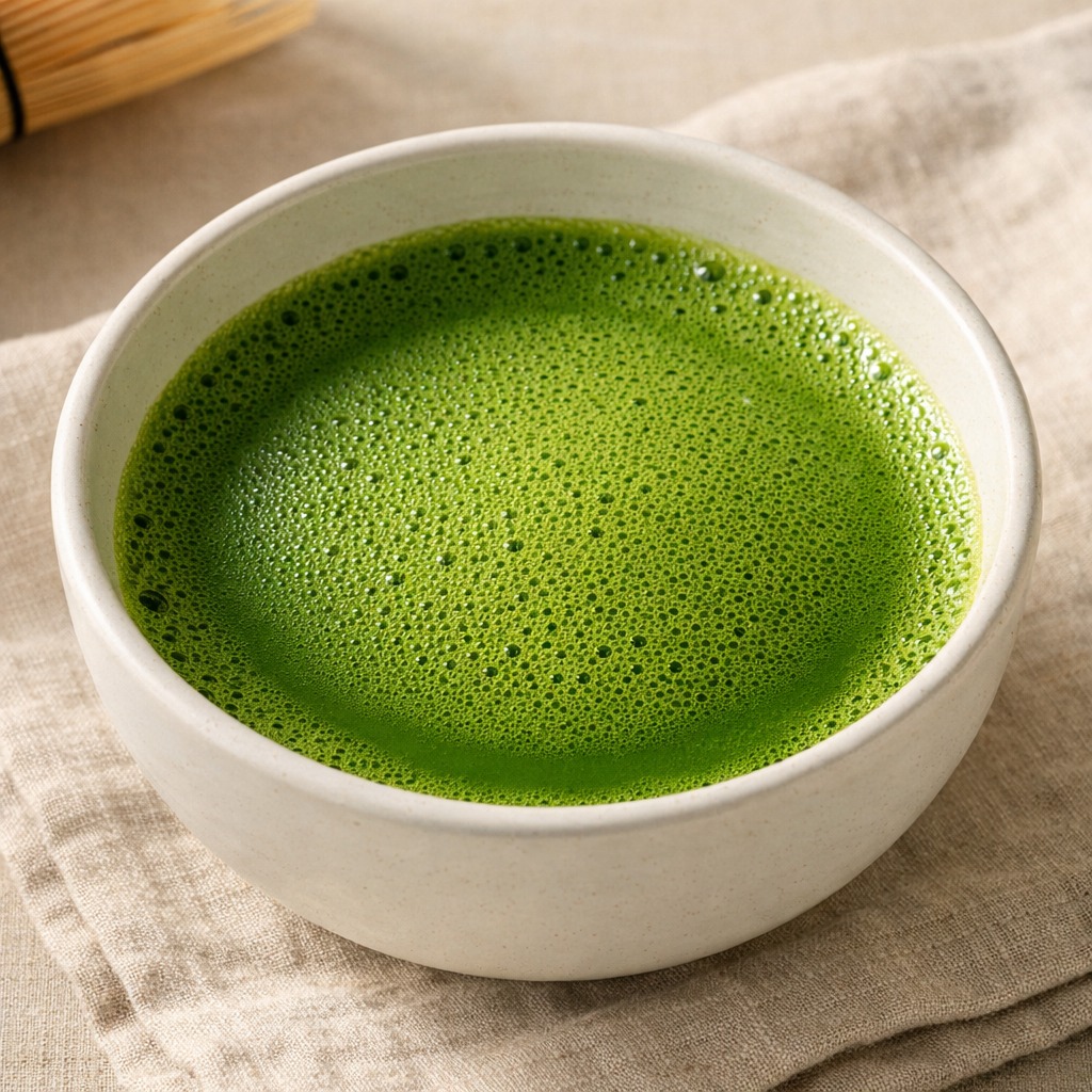 Bowl of ceremonial grade matcha with a perfect layer of jade-green foam