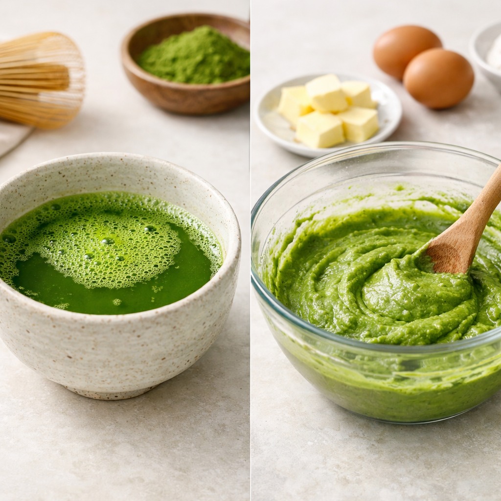 Ceremonial matcha whisked in a bowl beside culinary matcha mixed into green cake batter