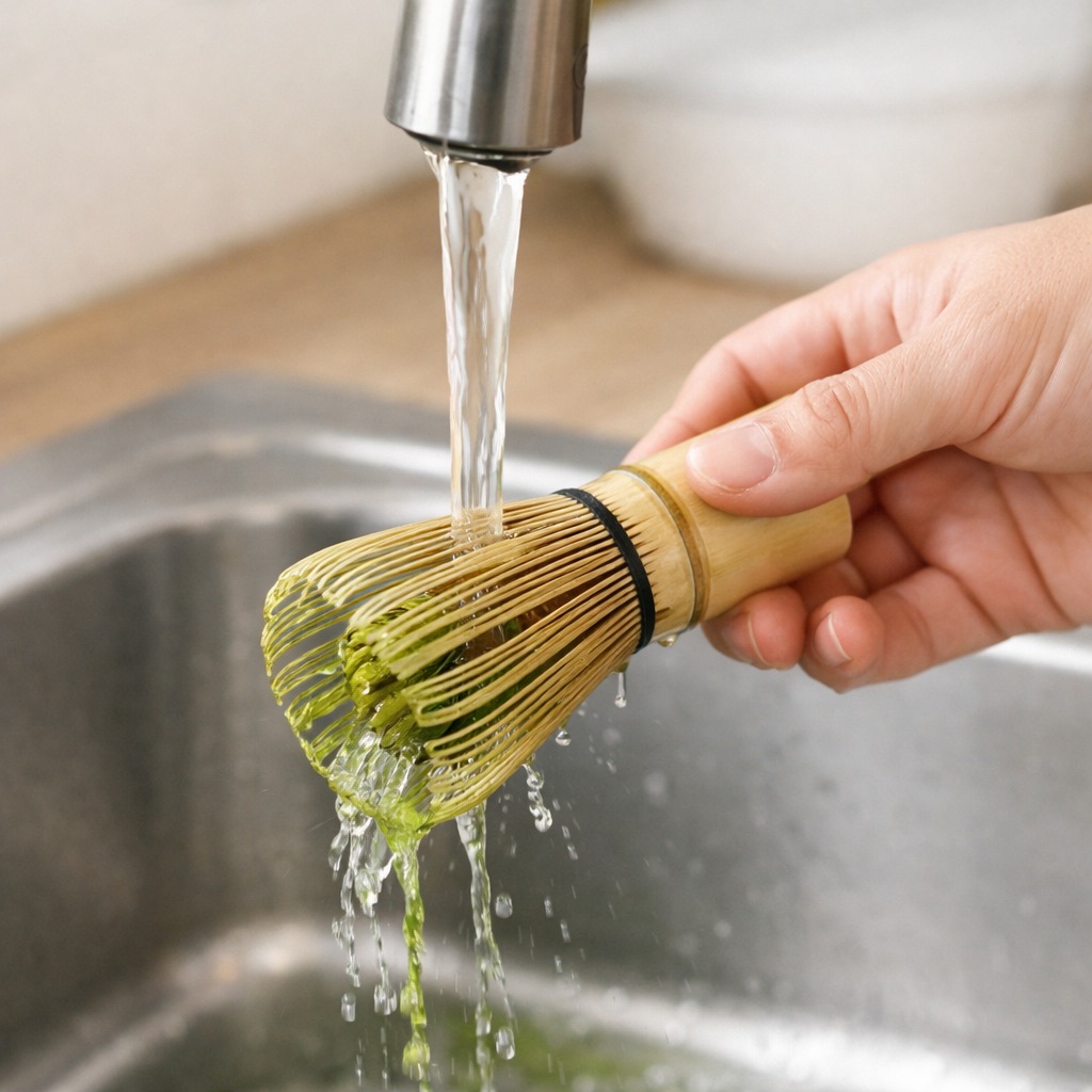 A bamboo matcha whisk being held under a gentle stream of warm running water from a kitchen tap