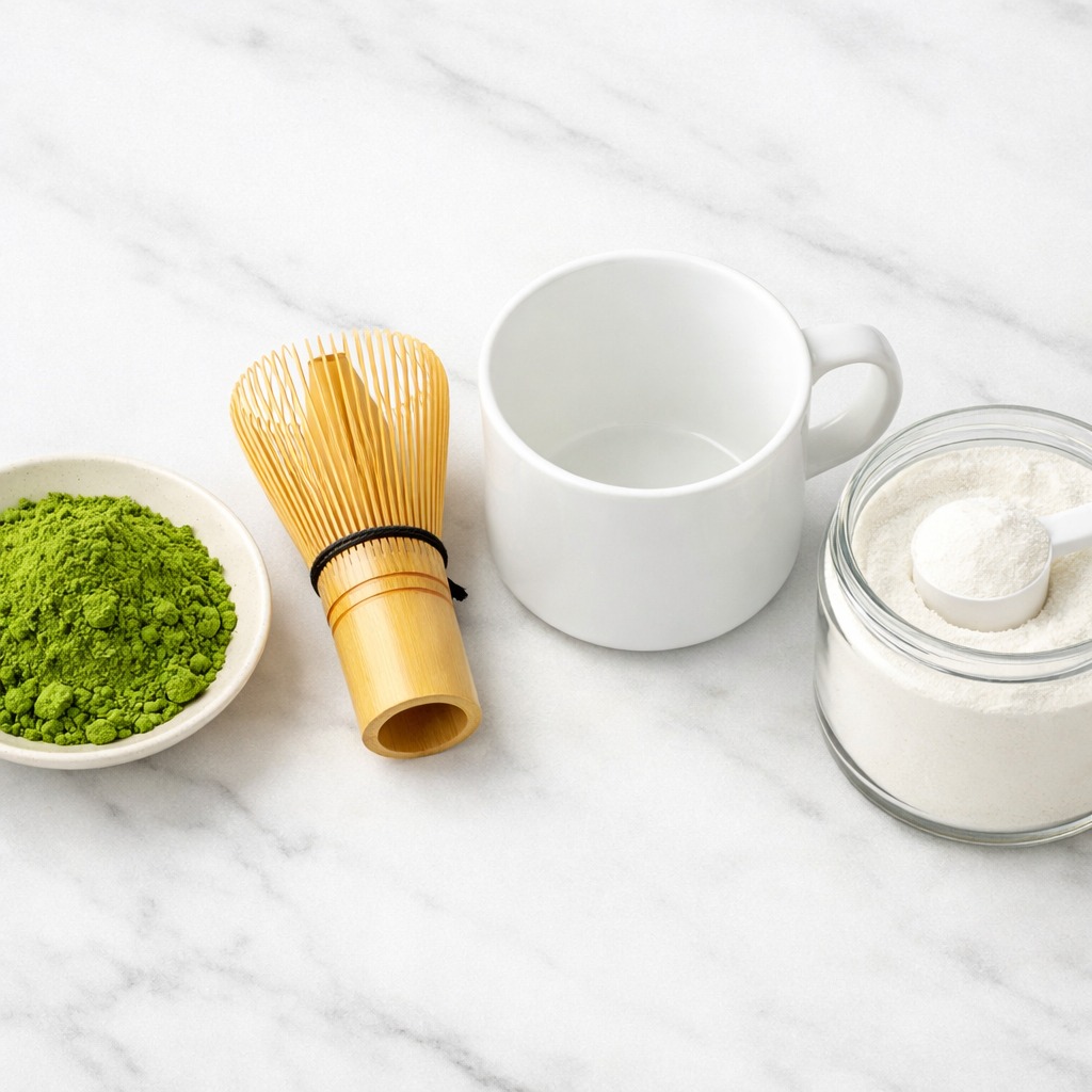 Flat lay of matcha powder and white collagen peptide powder with a whisk and mug