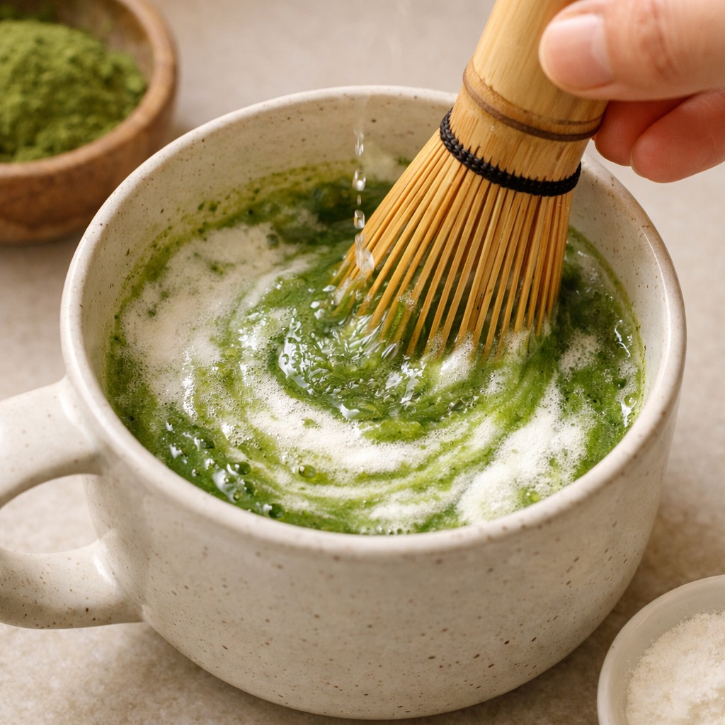 Green matcha and white collagen powder being whisked together showing swirled streaks
