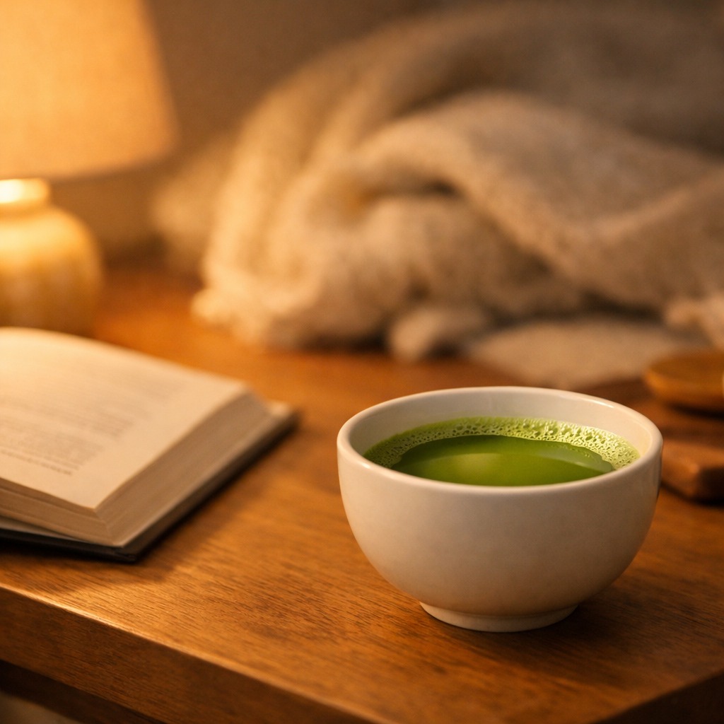Tasse Matcha auf Nachttisch mit warmem Lampenlicht, offenem Buch und weicher Decke