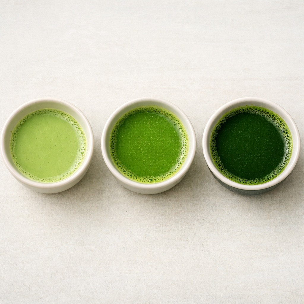 Drei Tassen mit unterschiedlicher Matcha-Intensität von blass bis dunkelgrün als Servieroptionen