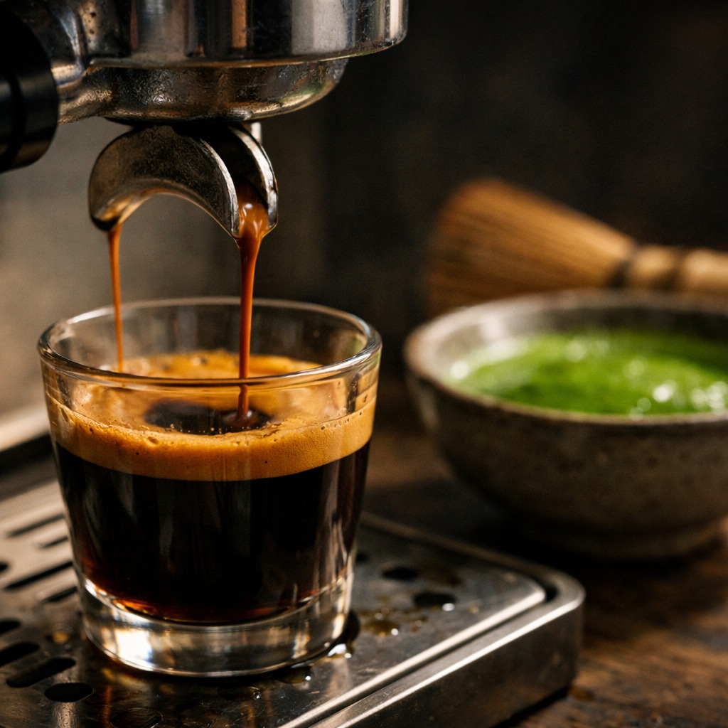 Dark espresso pouring from a portafilter with a bowl of whisked green matcha in the background