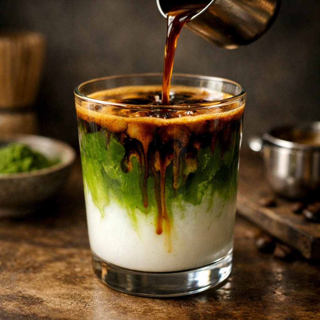 Espresso being poured over a layered matcha latte creating a dramatic three-colour mix in a glass