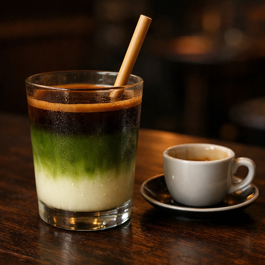 Finished dirty matcha latte showing three layers: white milk, green matcha, and dark espresso on top