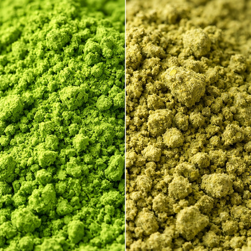Extreme close-up, split composition: the left half shows vibrant, electric green matcha powder , and the right half shows a duller