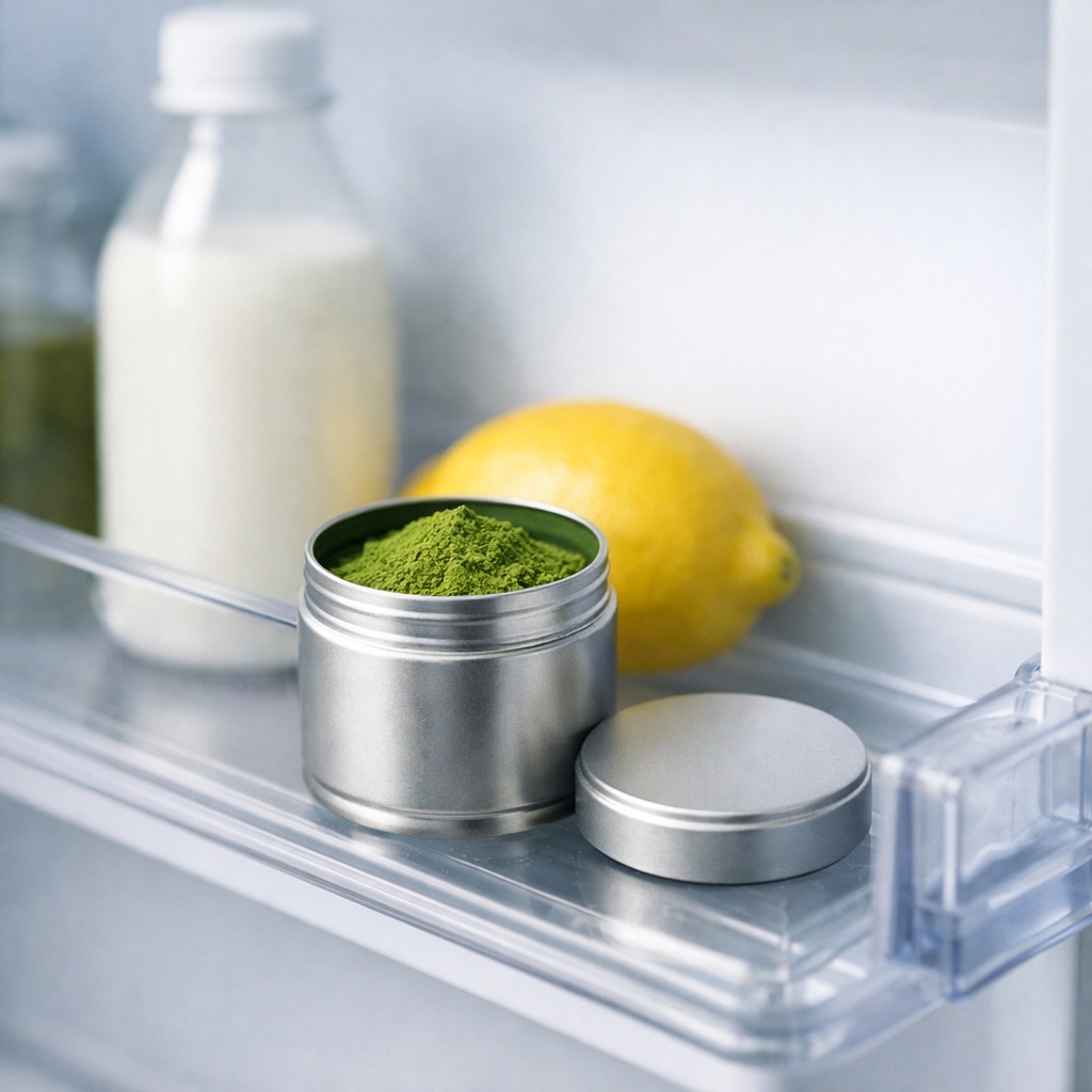 A small sealed tin of matcha powder with its lid placed to the side, sitting inside an open fridge door shelf