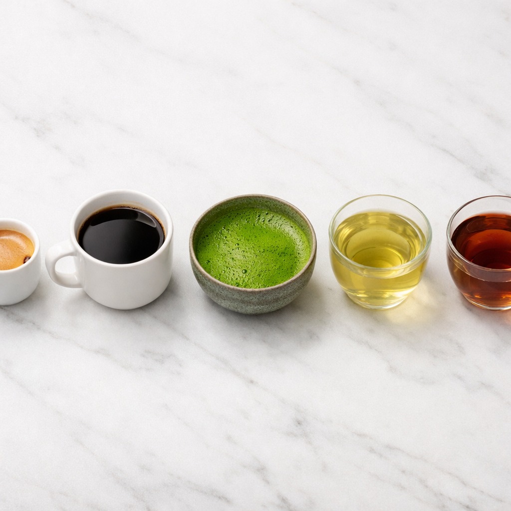 Fünf Getränke nebeneinander zum Koffeinvergleich: Espresso, Kaffee, Matcha, Grüntee und Schwarztee