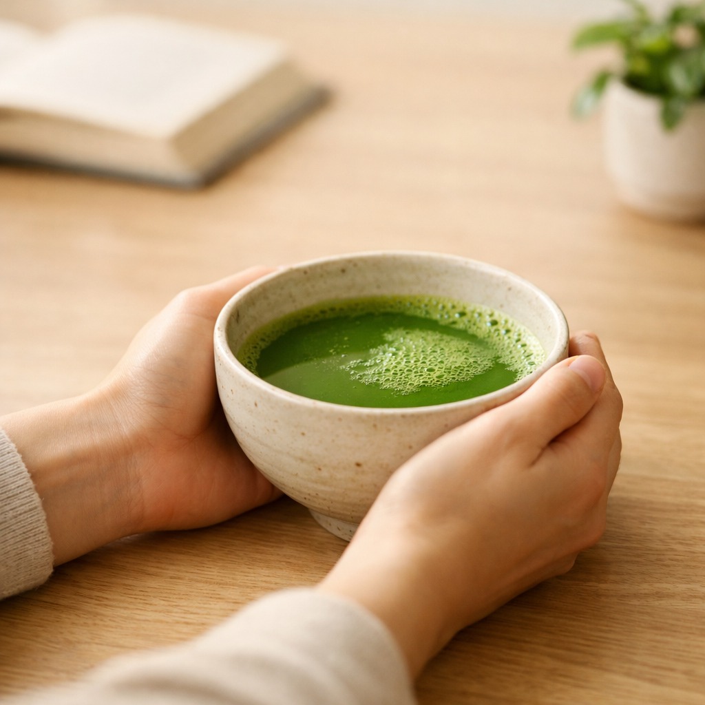 Hände umschließen eine warme Schale Matcha an einem Holztisch mit einem Buch im Hintergrund