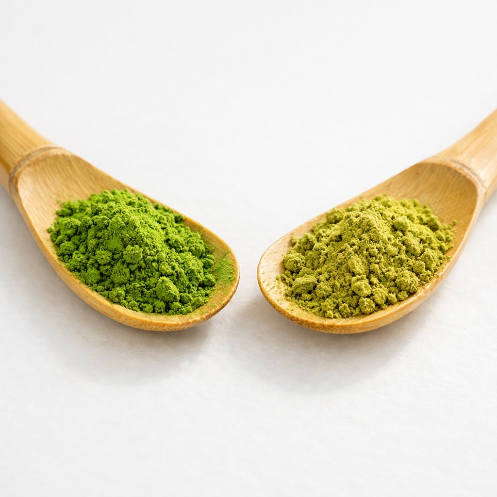 Zwei Bambuslöffel mit Ceremonial- und Culinary-Grade-Matcha-Pulver nebeneinander