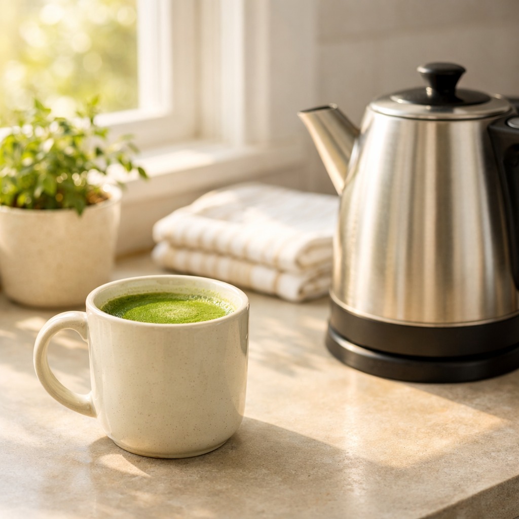 Tasse mit warmem Matcha auf einer Küchenarbeitsplatte im Morgenlicht neben einem Wasserkocher