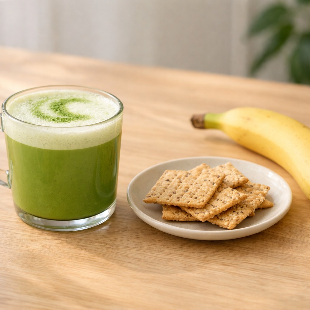 Matcha Latte neben einem Teller mit Crackern und einer Banane für eine sanftere Verdauung