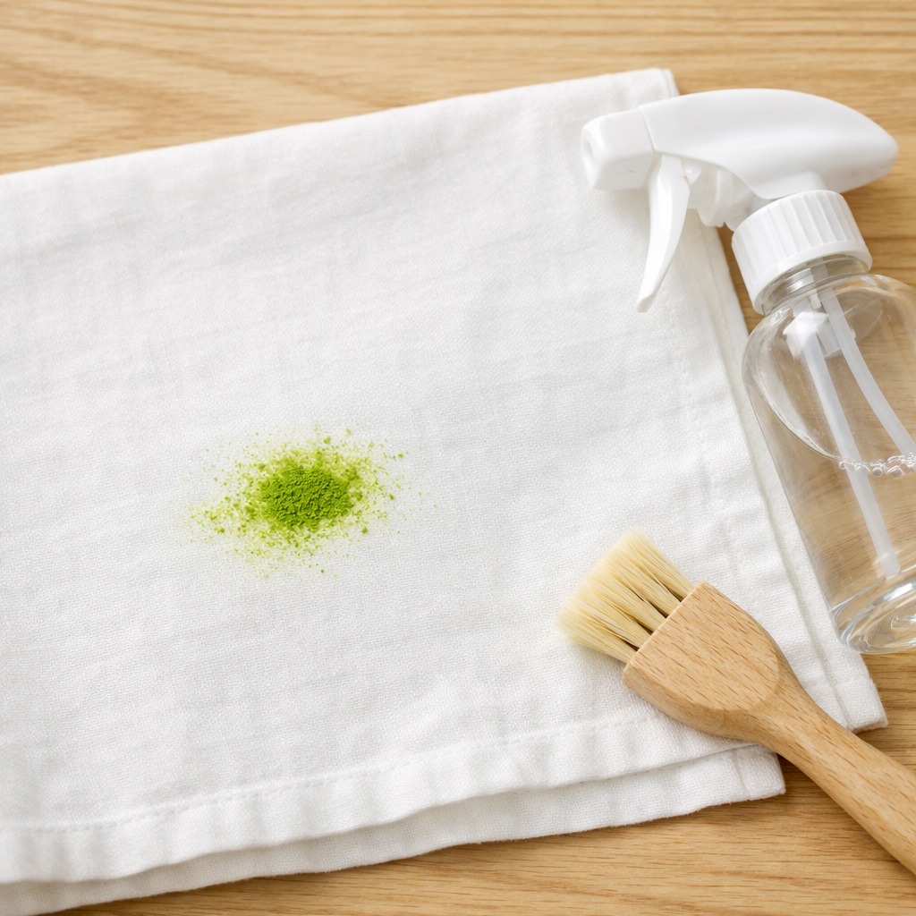 Nahaufnahme eines kleinen leuchtend grünen Matcha-Pulverflecks auf einem weißen Baumwolltuch oder einer Serviette, flach auf einer hellen Holzoberfläche liegend