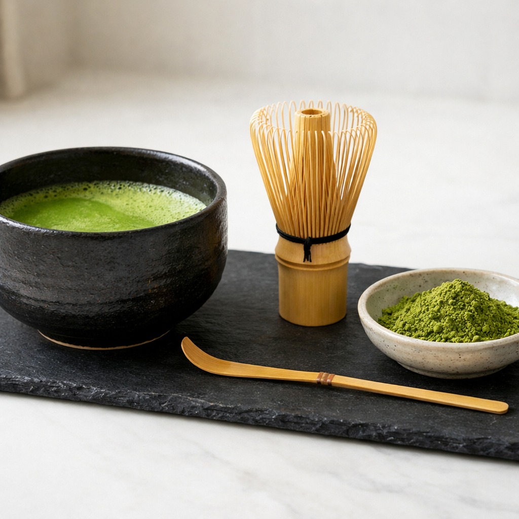 Ein ordentlich eingerichteter Matcha-Zubereitungsbereich: eine dunkle Matcha-Schale, ein Bambusbesen