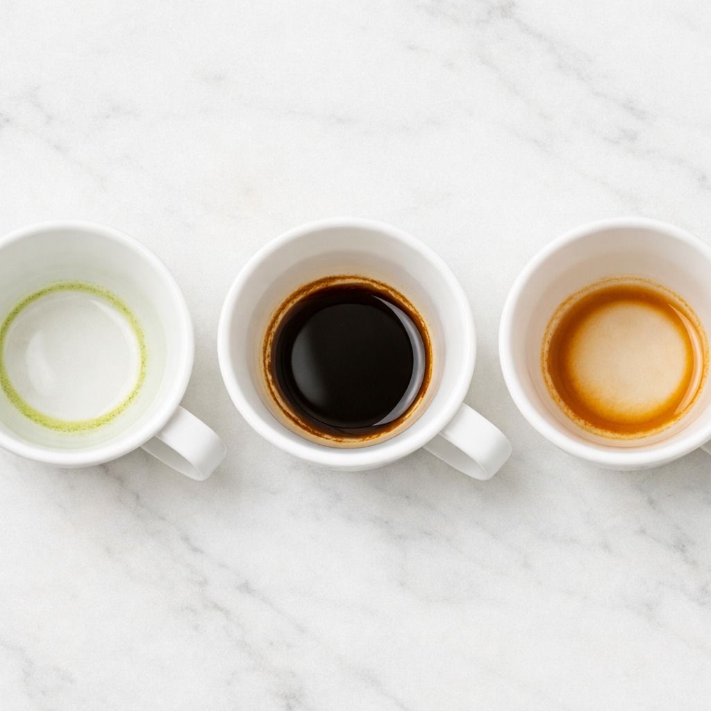 Three white ceramic cups in a row on a white marble surface