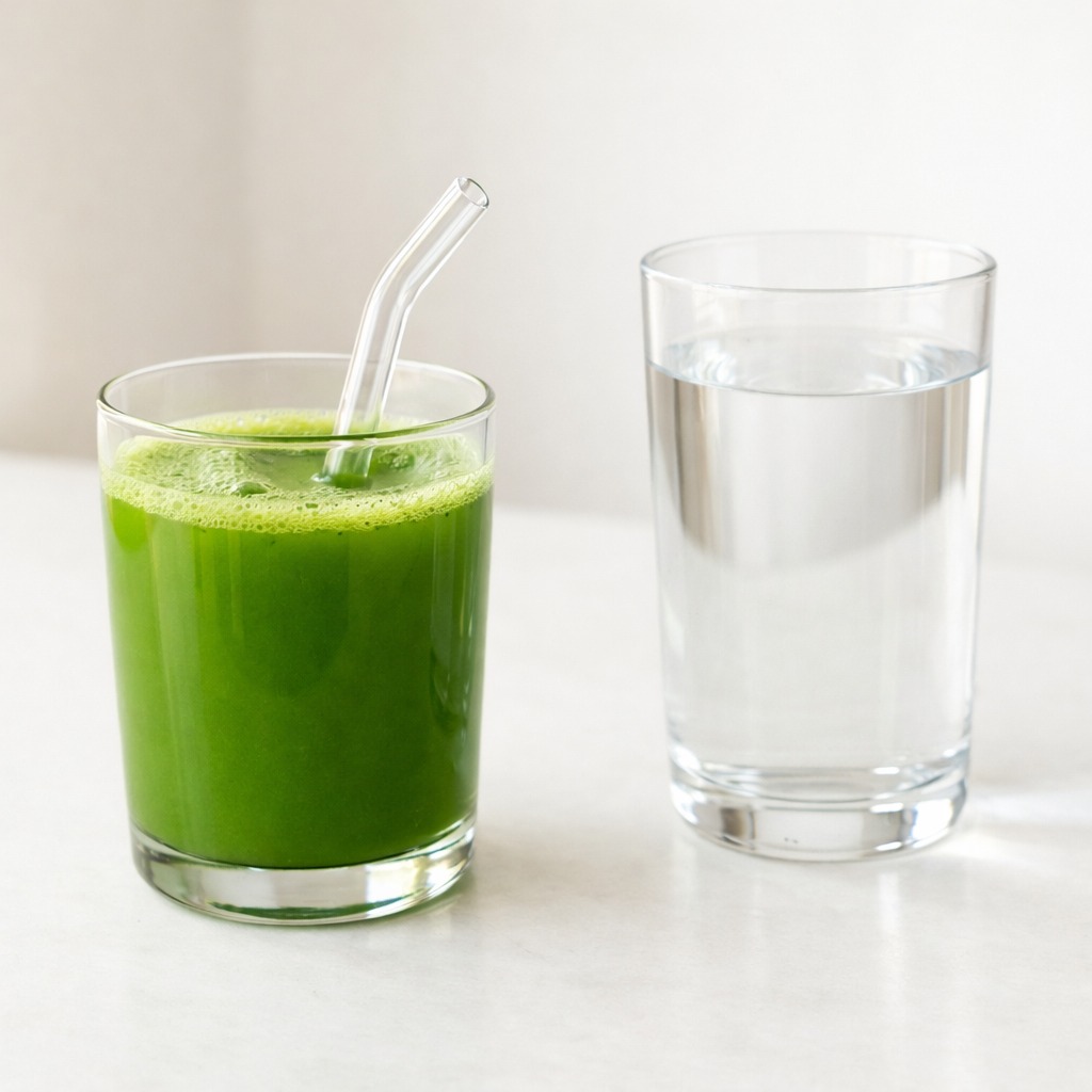 A glass of bright green matcha with a glass straw in it, next to a glass of clear water on a clean white surface