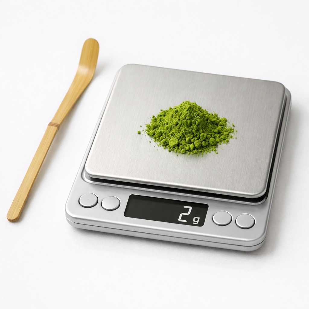 Bamboe schepje naast een digitale keukenweegschaal die 2 g heldergroen matcha poeder toont