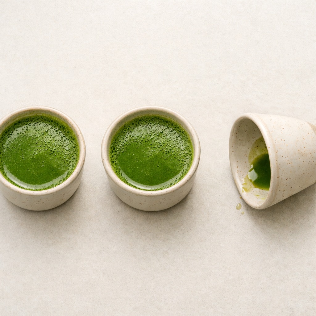 Drie kleine keramische kopjes op een rij met toenemende hoeveelheden matcha van licht tot sterk