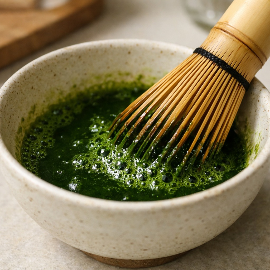 Concentrated dark green matcha paste being whisked in a small bowl before adding milk