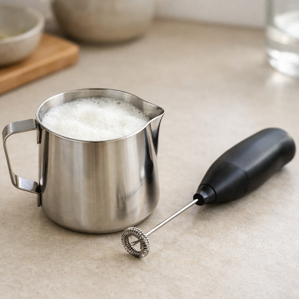 Small stainless steel pitcher of freshly frothed milk with a handheld frother beside it