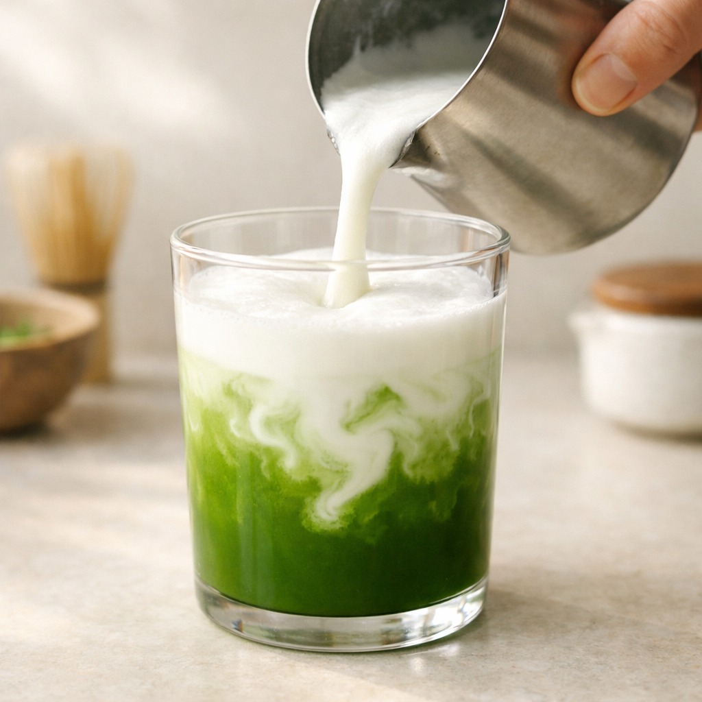Frothed milk being poured into a clear glass of green matcha creating a layered swirl
