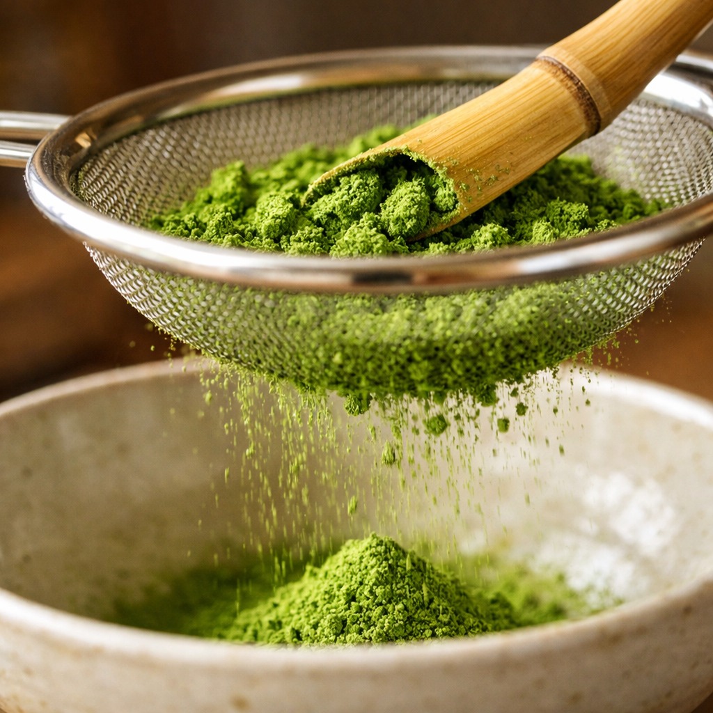 Matcha being sifted through a fine mesh strainer with clumps breaking into a bowl