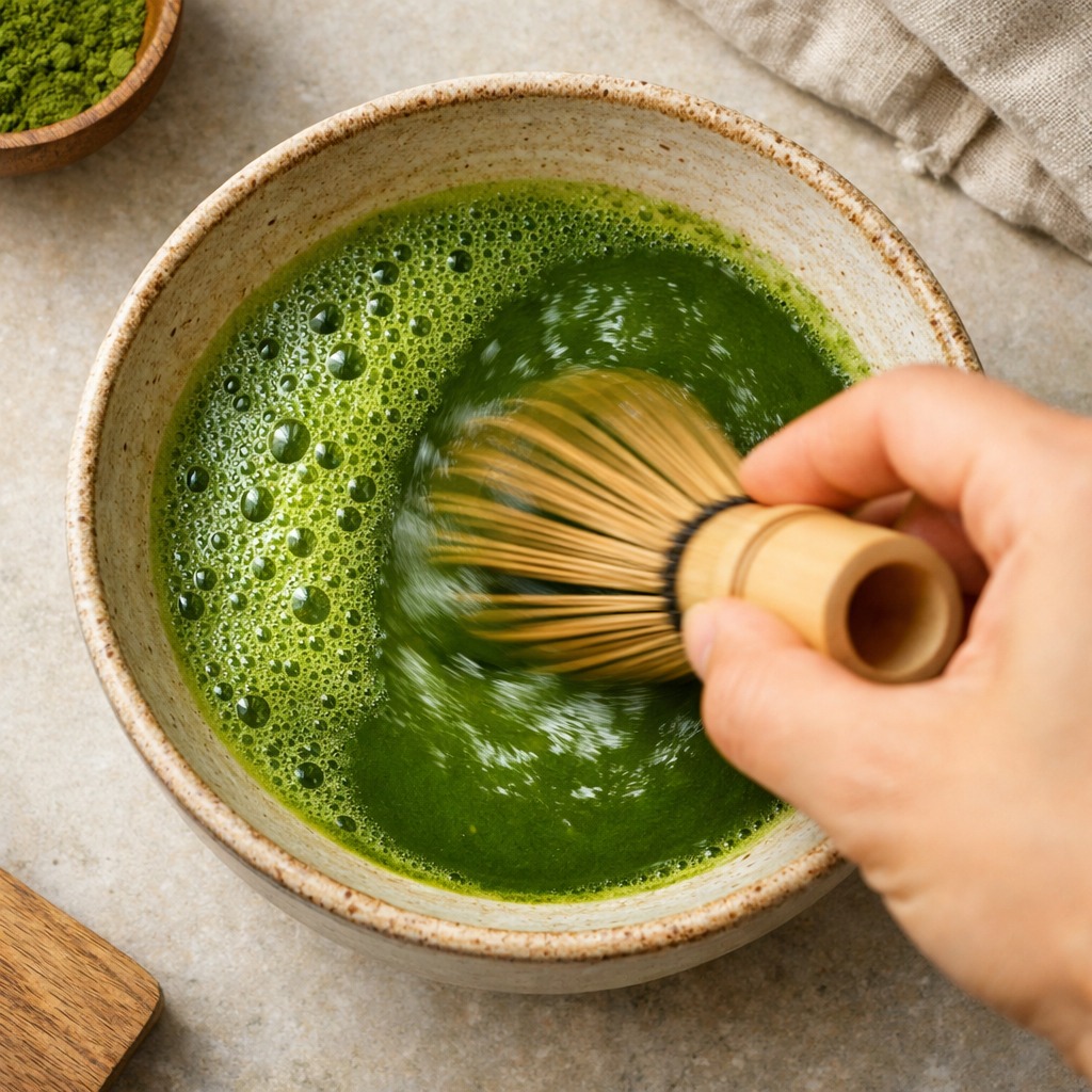 Hand whisking matcha with a bamboo whisk in a W motion, froth forming on the surface