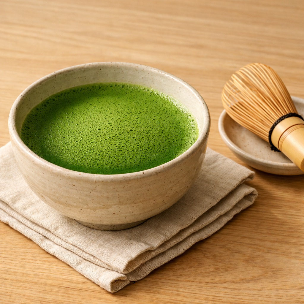 Perfectly whisked bowl of matcha with even jade-green foam next to a bamboo whisk