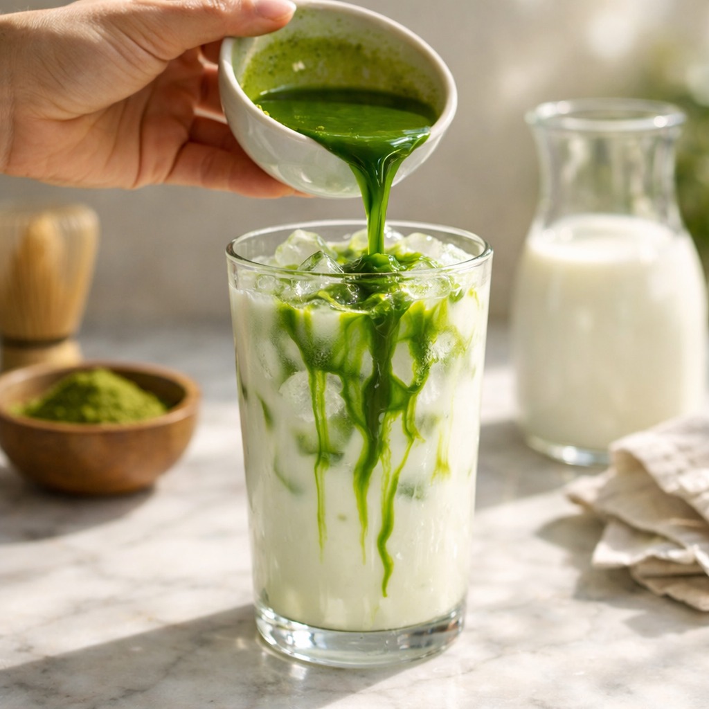 Hand pouring bright green matcha concentrate over a tall glass filled with ice and milk