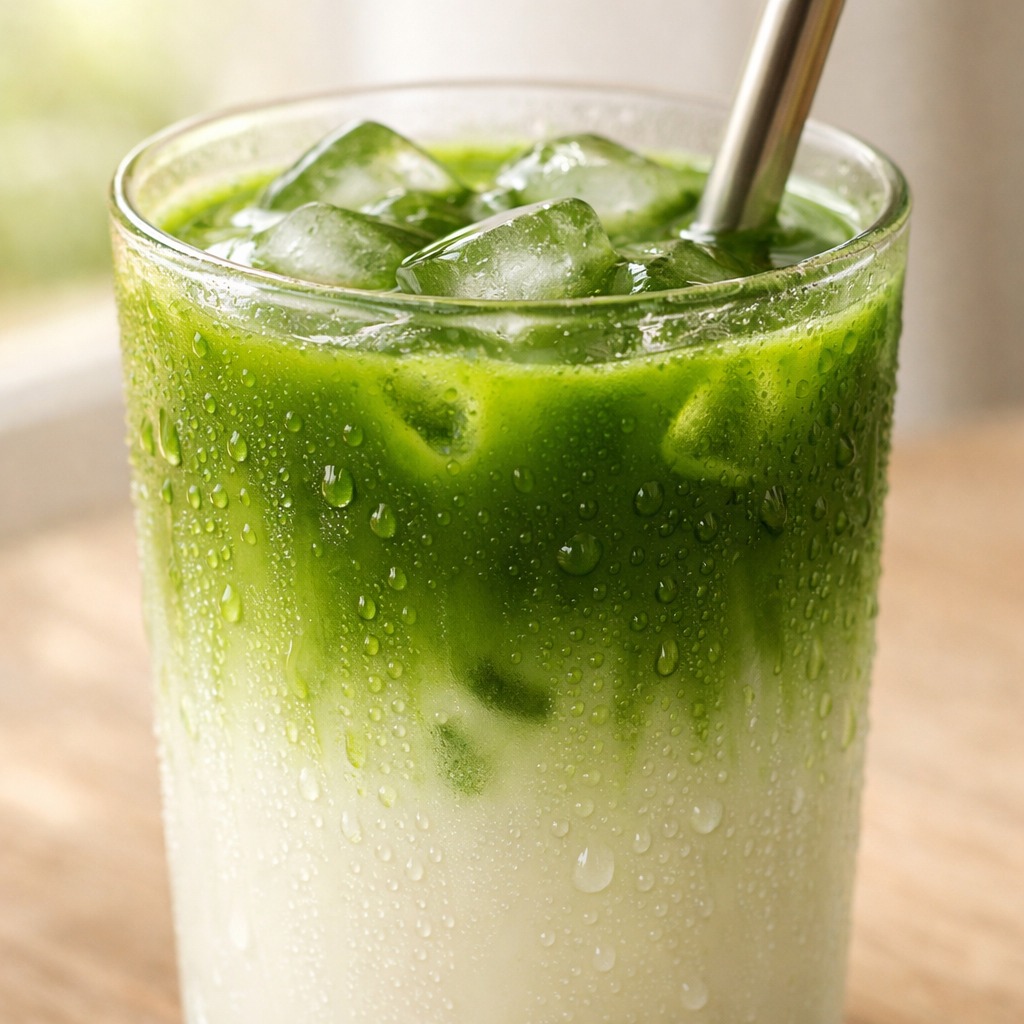 Close-up of layered iced matcha latte with condensation droplets and a metal straw
