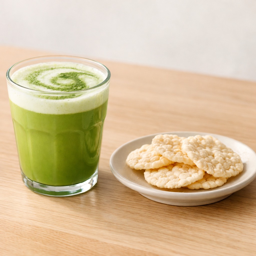 Een matcha latte in een helder glas naast een klein bordje met glutenvrije rijstwafels of wat vers fruit op een licht houten oppervlak