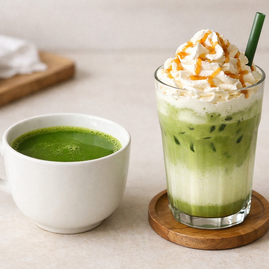 Plain matcha with water beside an elaborate matcha latte with whipped cream and syrup