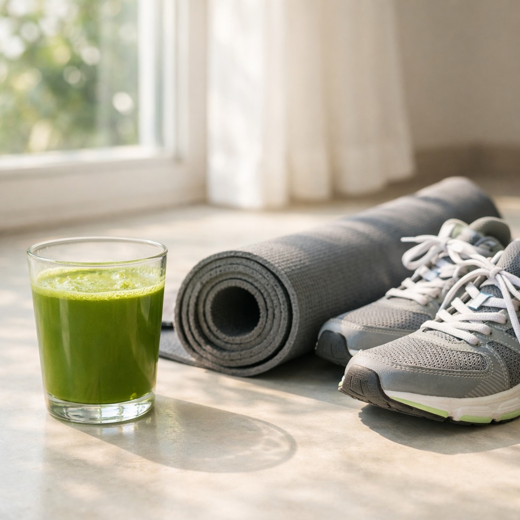 Glass of plain matcha next to running shoes and a yoga mat in morning light