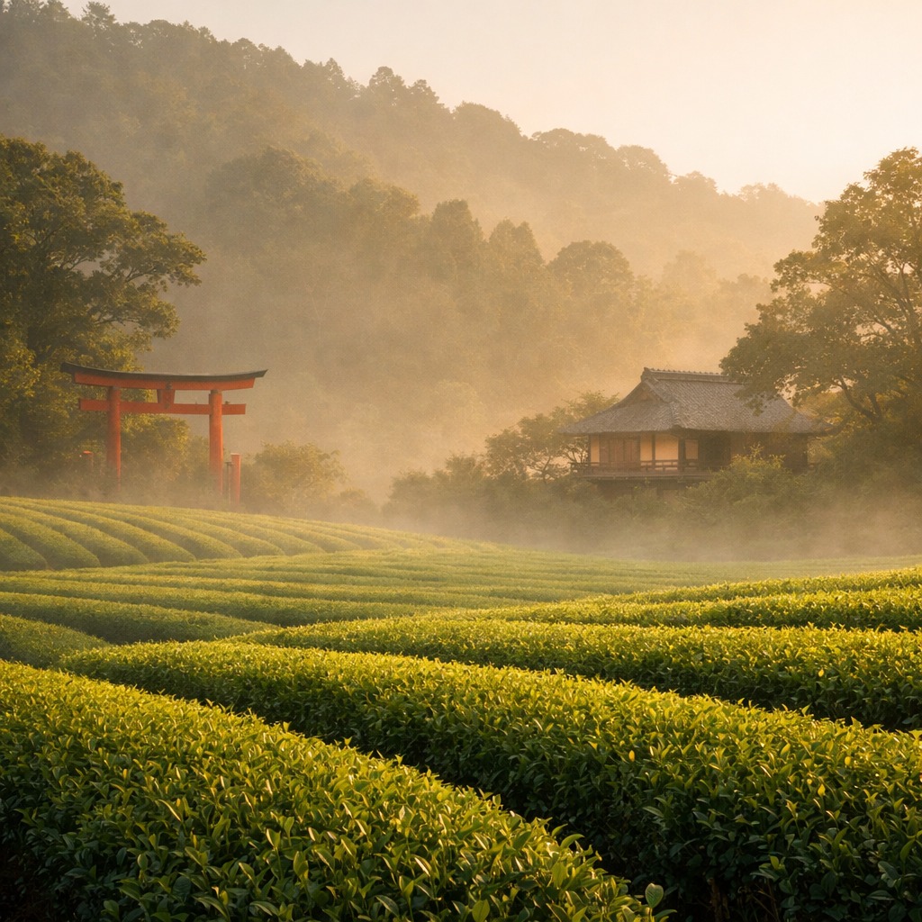 Manicured tea plants in Uji, Kyoto, with a traditional tea house in the background