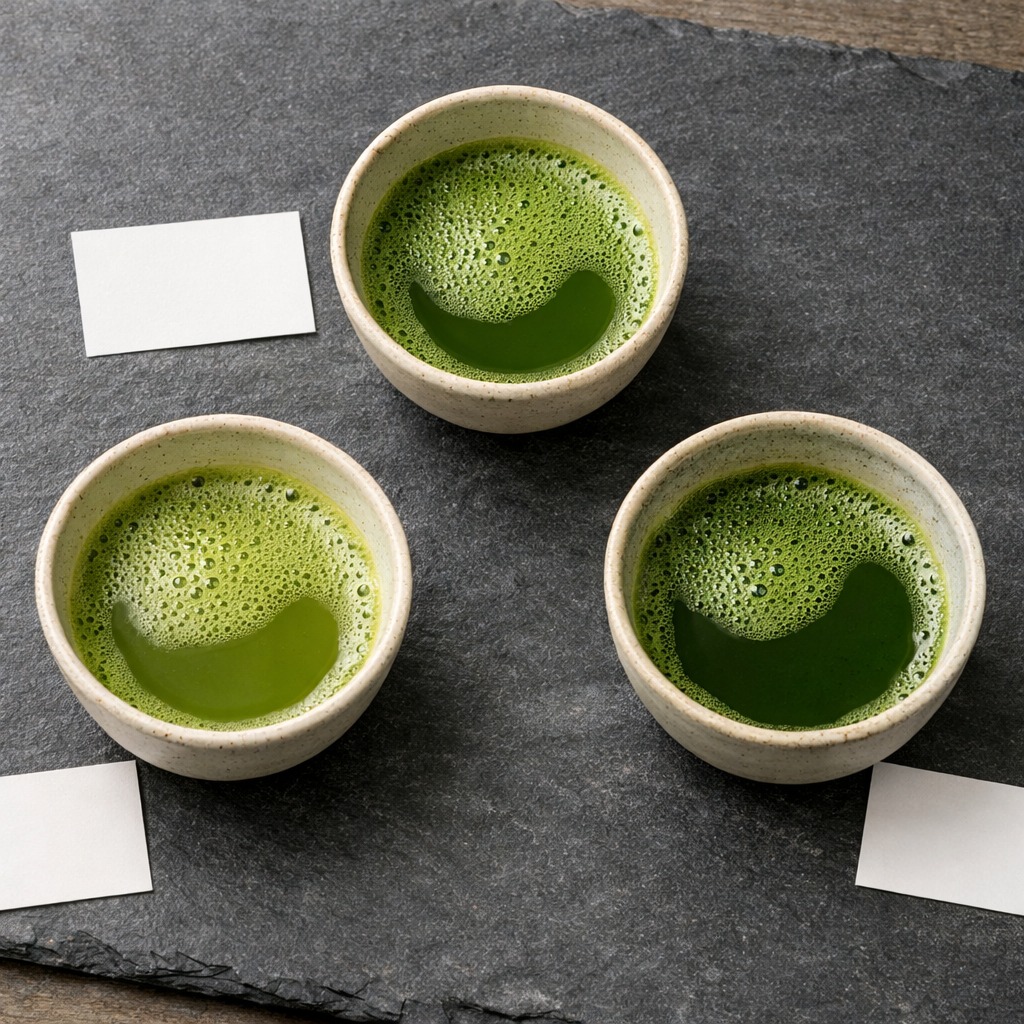 Three ceramic cups of whisked matcha showing subtle regional shade differences