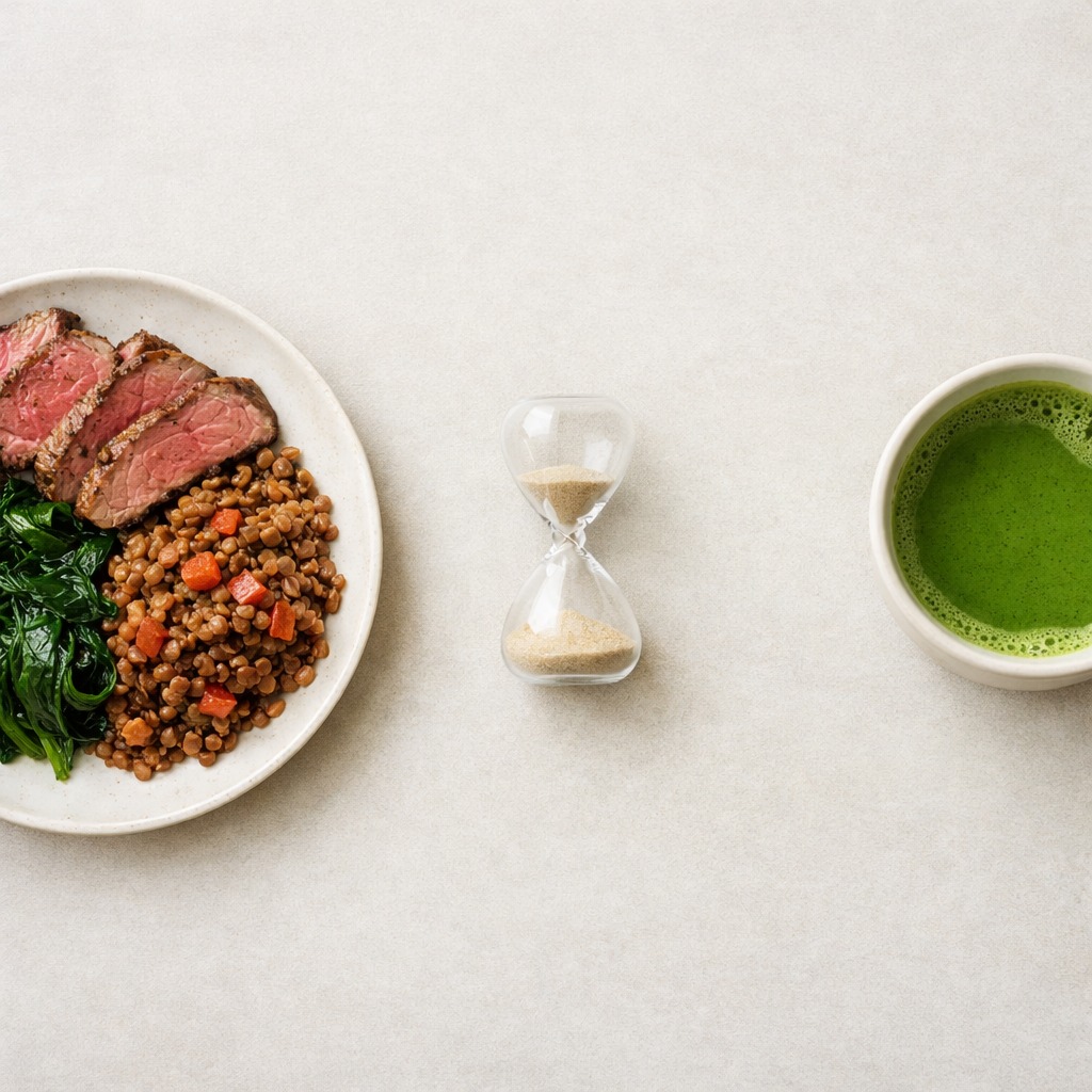 Plate of iron-rich greens and lentils on the left, cup of matcha on the right, with space between