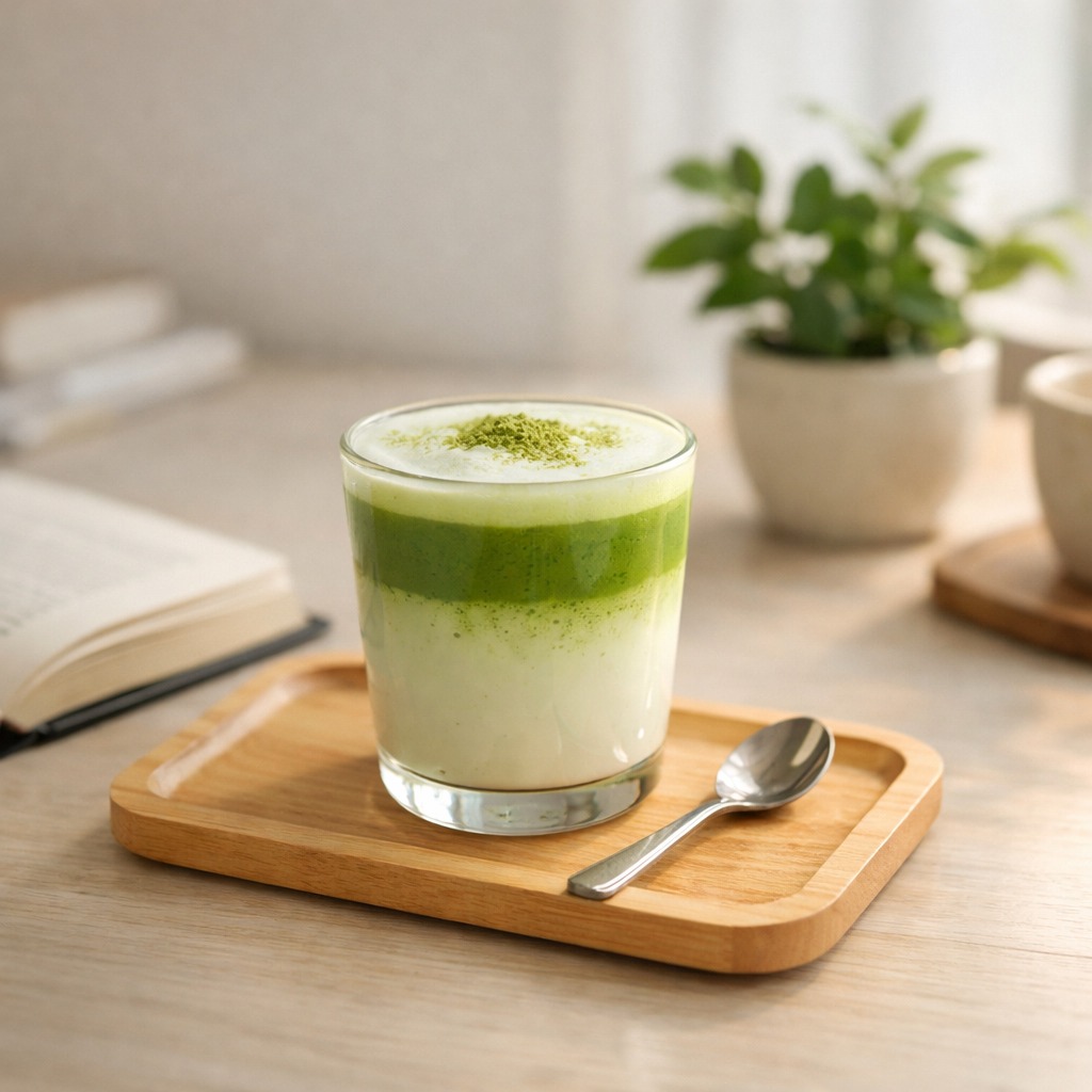 Matcha latte on a wooden tray at a desk with a book and plant, suggesting between-meal timing