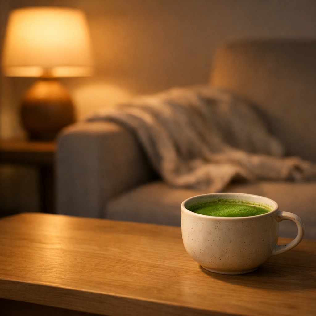 A cup of matcha on a low coffee table in a dimly lit living room
