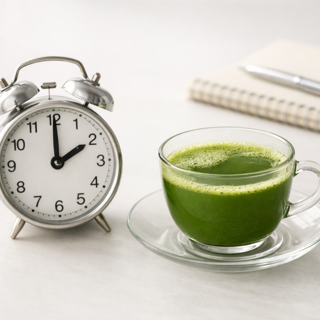 A clean, simple still life: a cup of matcha next to an analogue clock or a simple wristwatch showing a time around 2:00 PM