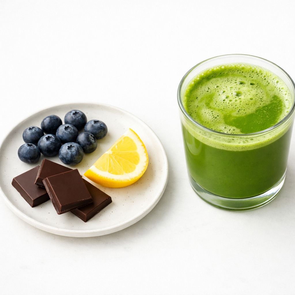 Matcha latte in a clear glass next to blueberries, dark chocolate, and lemon on a white surface