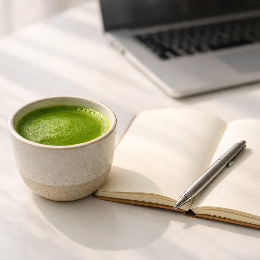 Cup of matcha on a clean desk next to a notebook and pen in morning sunlight